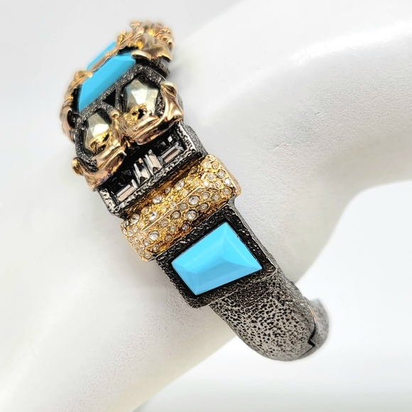 Alexis Bittar Turquoise Glass and Swarovski Crystal Mixed Metal Ormolu Cuff - Picture 10 of 13